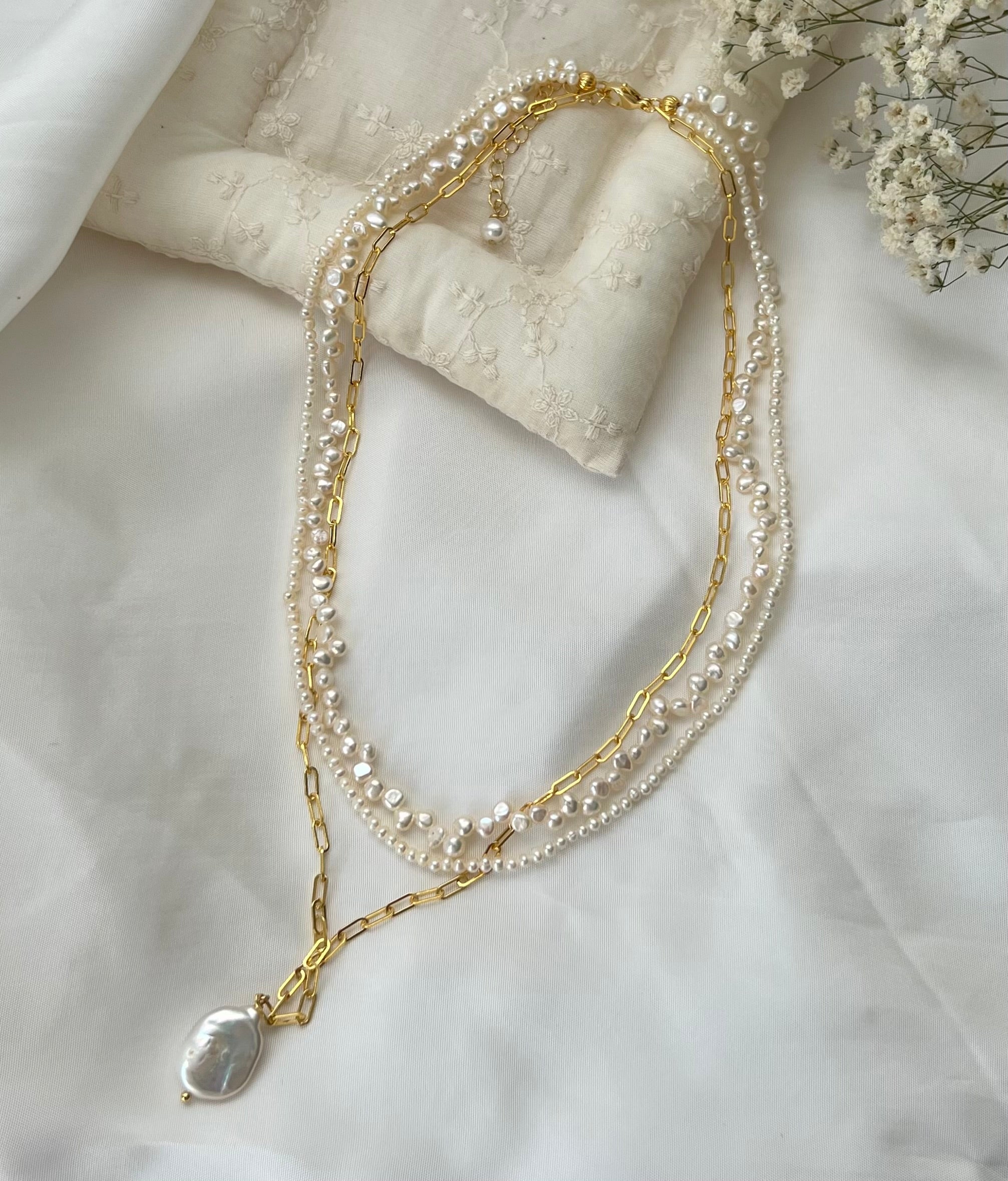 Layered Baroque Pearl Necklace with Gold Chain