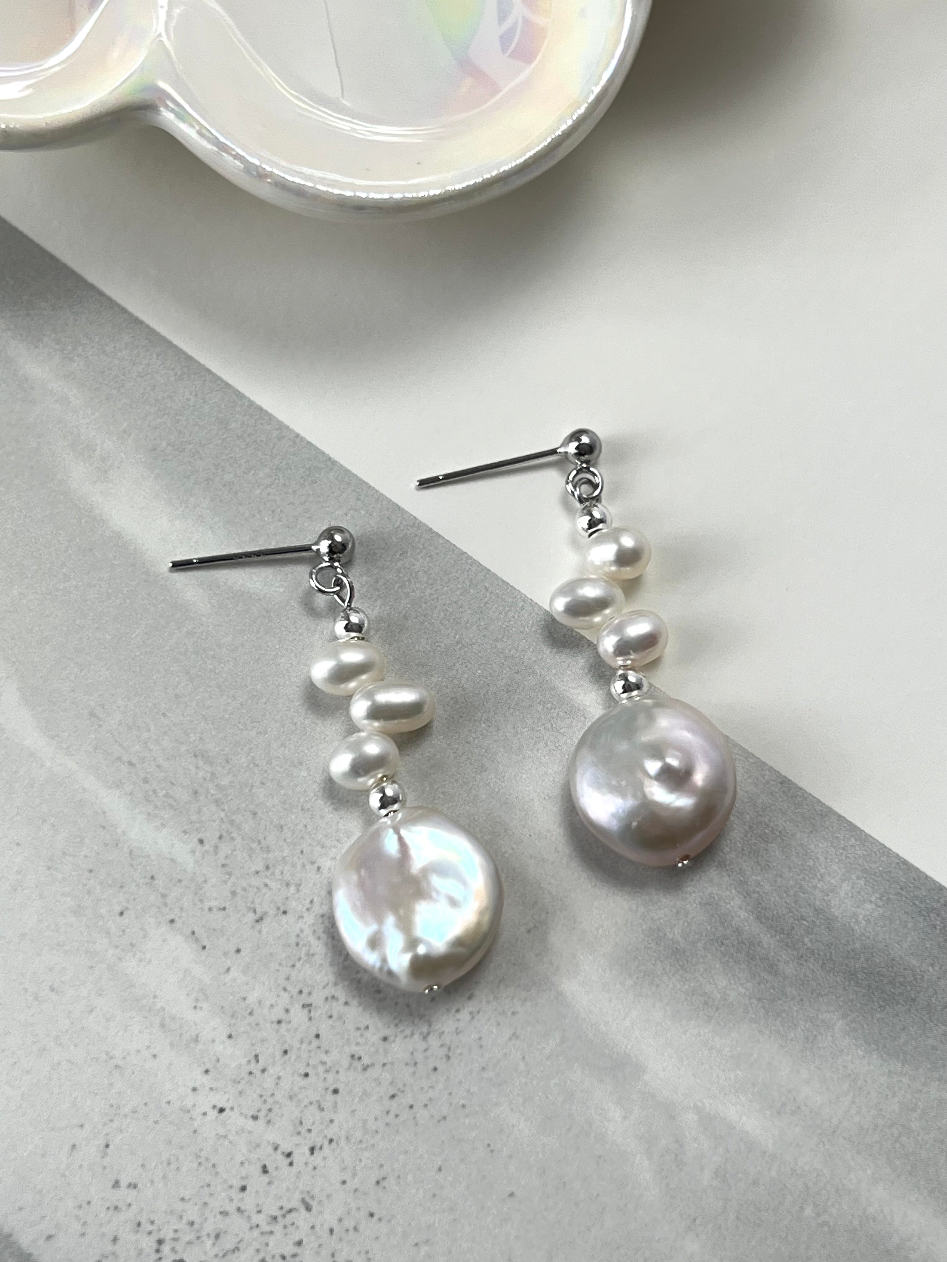 Freshwater Pearl Dangle Earrings | Rice Pearl & Button Pearl