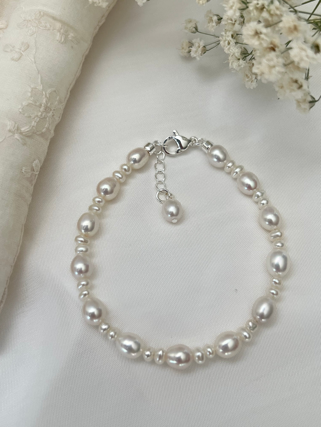 Freshwater Rice Pearl Bracelet with Silver Hardware