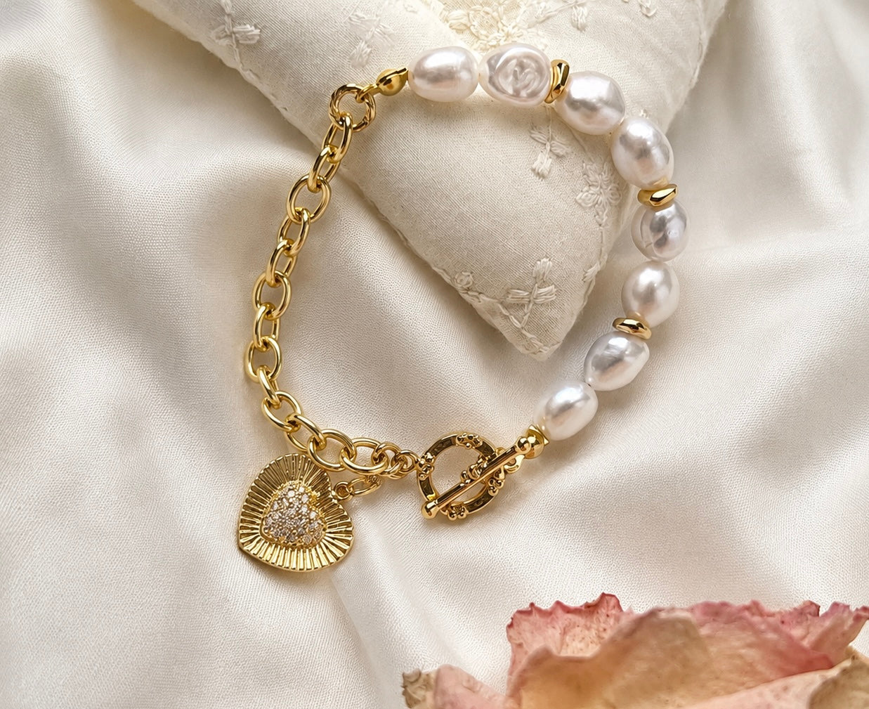 Baroque Keshi Freshwater Pearl Heart Charm Bracelet