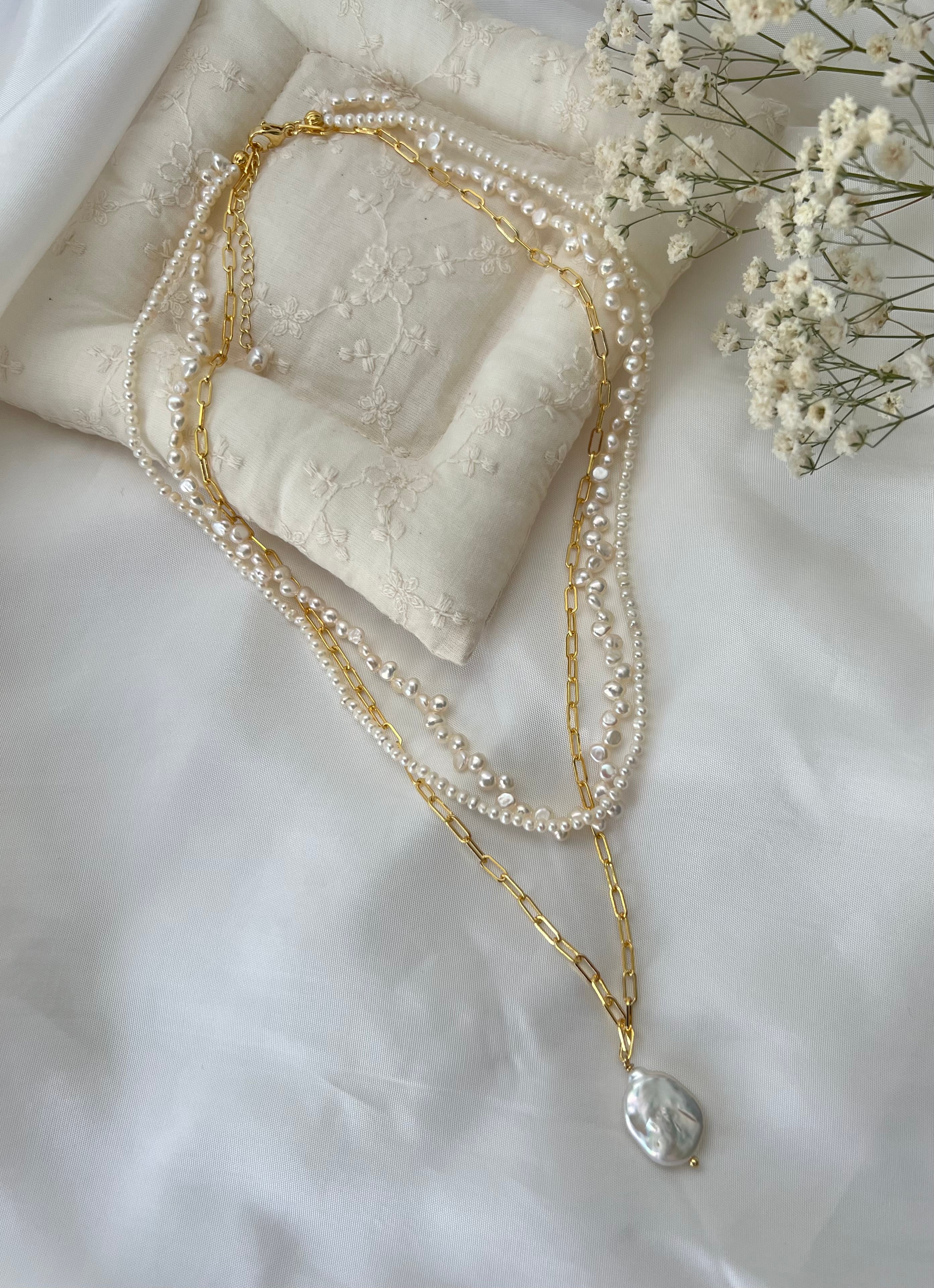 Layered Baroque Pearl Necklace with Gold Chain