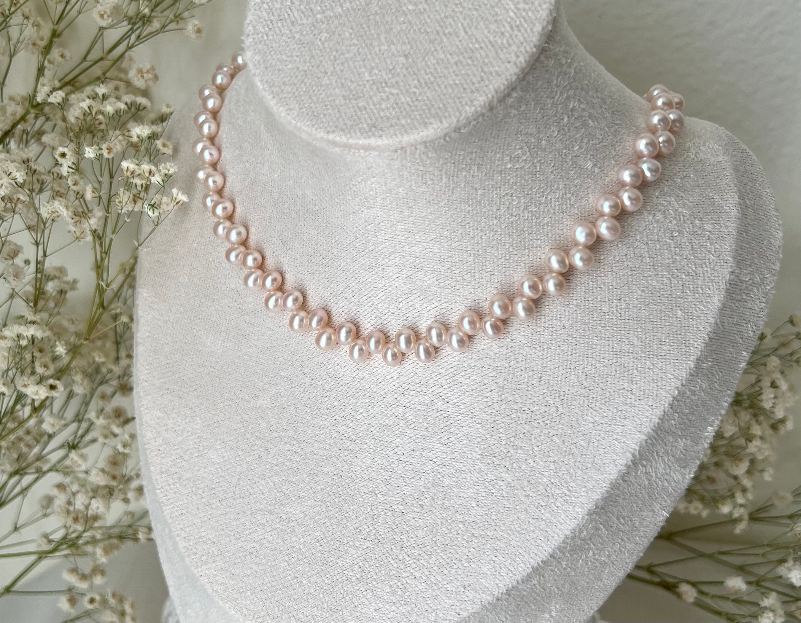 Handmade Blush Pink Freshwater Rice Pearl Necklace - 18K Gold or Platinum Plated