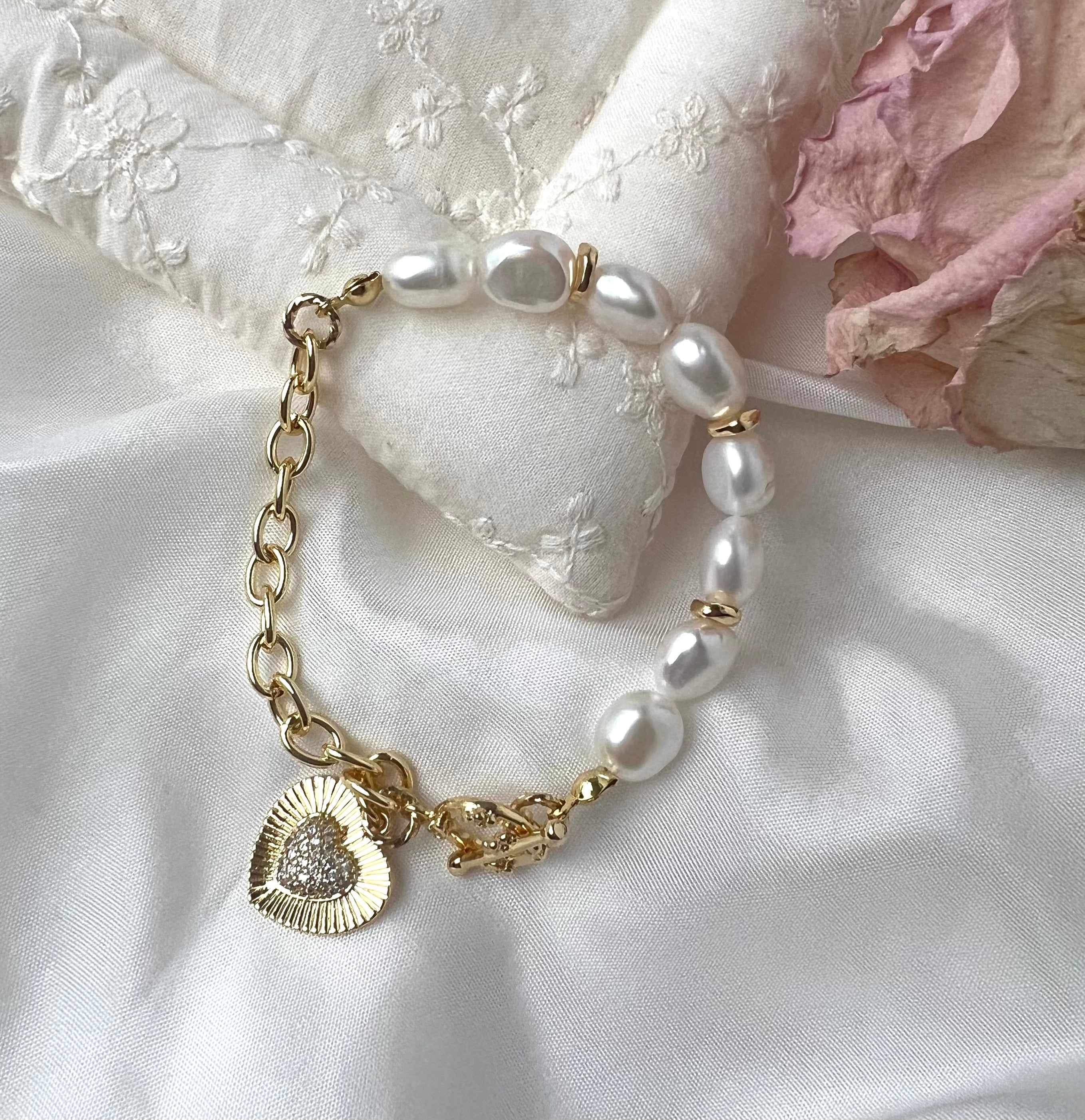 Baroque Keshi Freshwater Pearl Heart Charm Bracelet