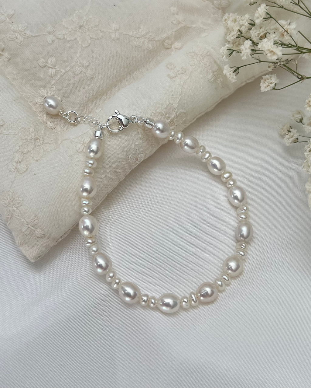 Freshwater Rice Pearl Bracelet with Silver Hardware