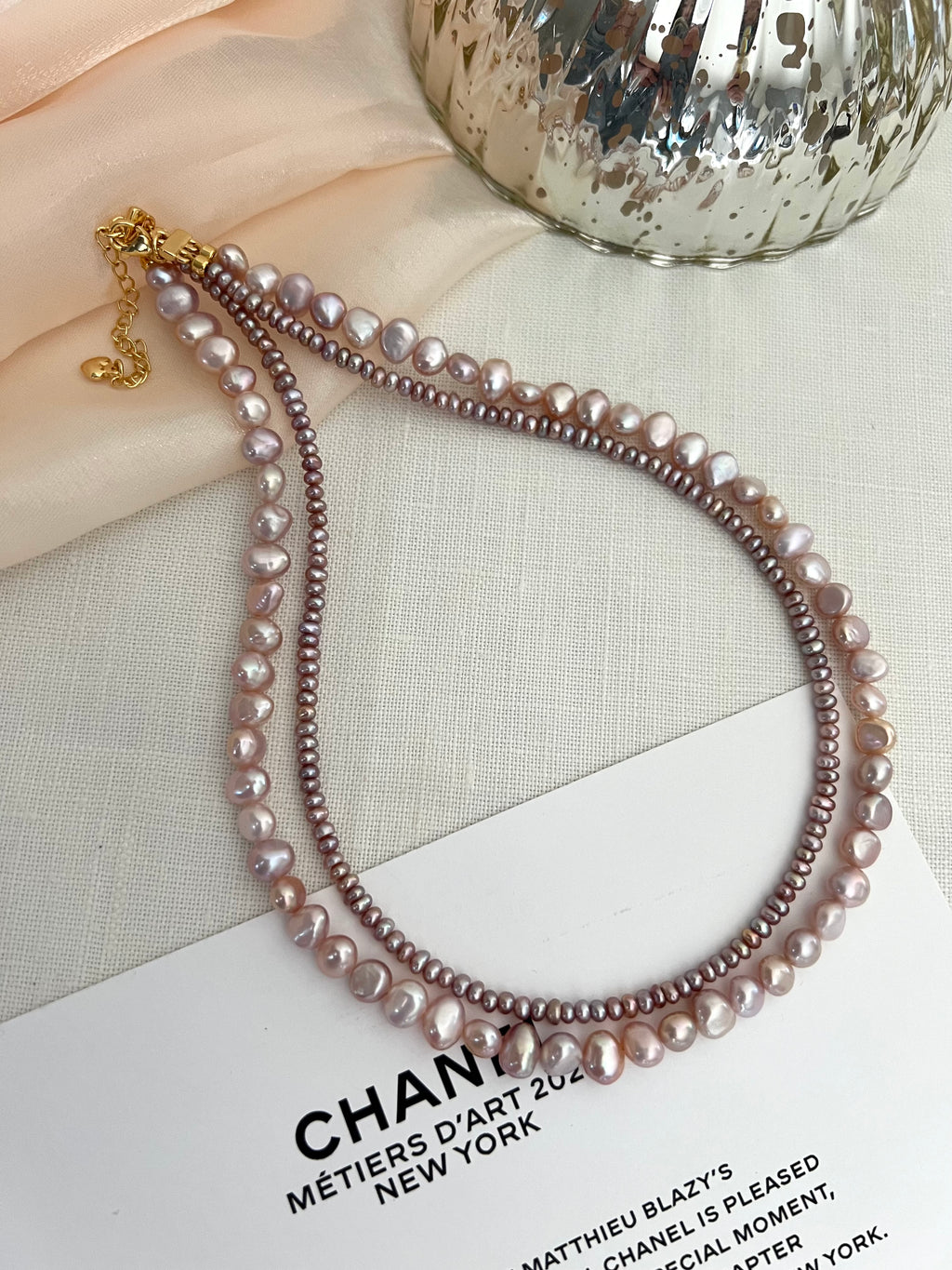 Blush Lavender Double Strand Pearl Necklace | Soft Layered Elegance