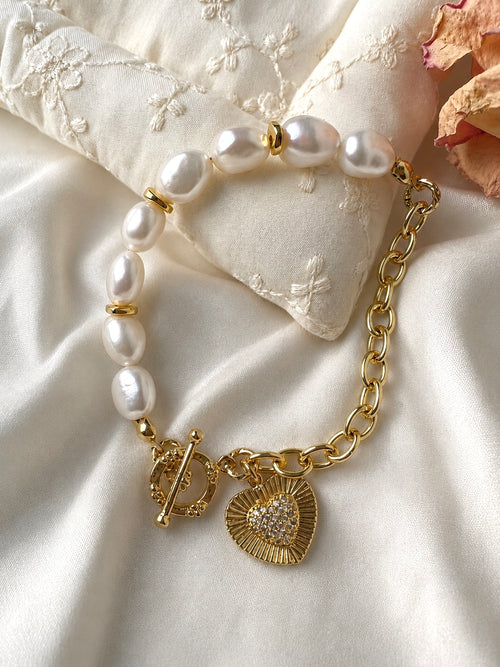 Baroque Keshi Freshwater Pearl Heart Charm Bracelet