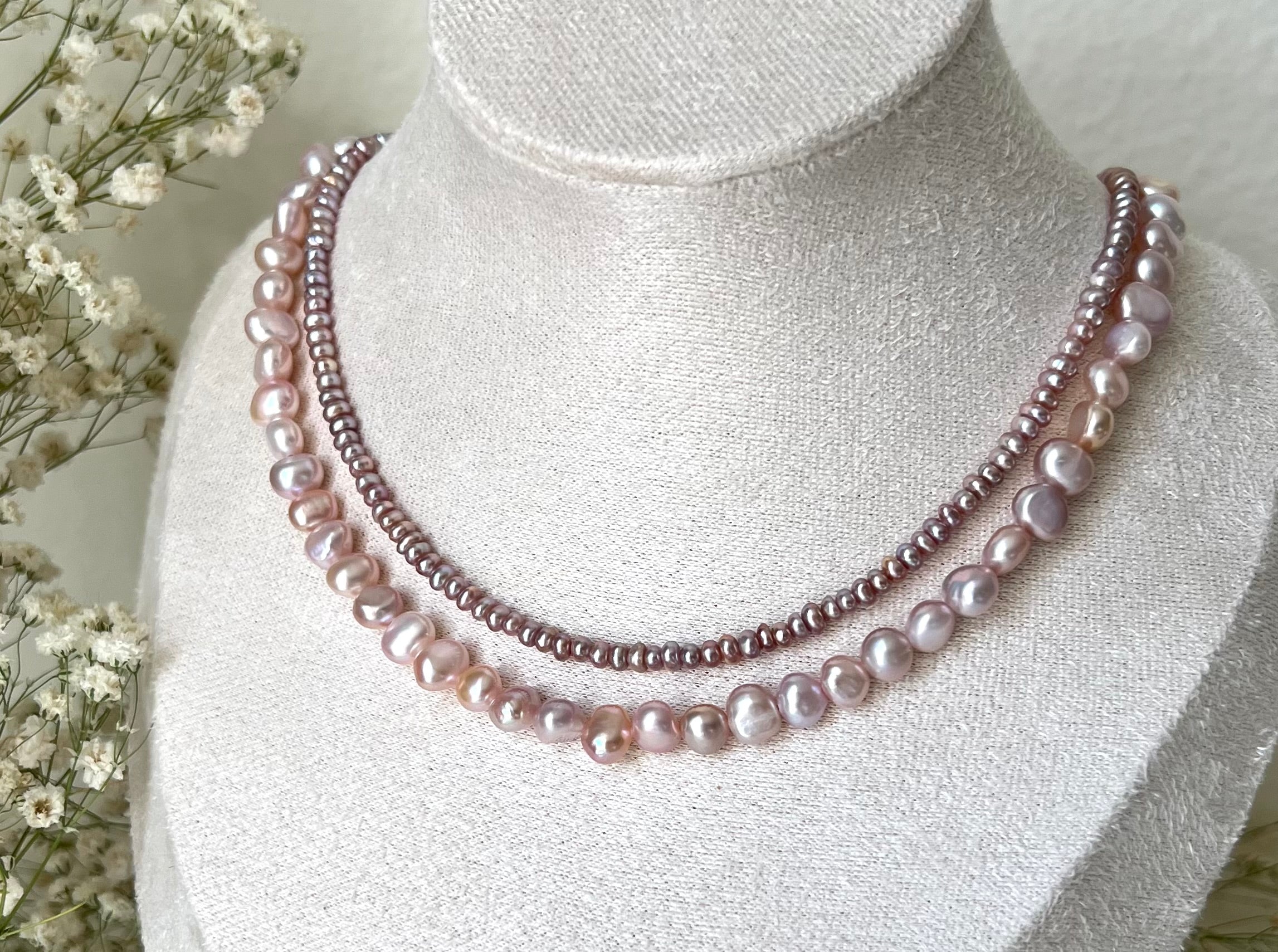 Blush Lavender Double Strand Pearl Necklace | Soft Layered Elegance