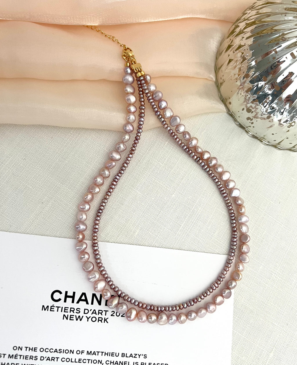 Blush Lavender Double Strand Pearl Necklace | Soft Layered Elegance