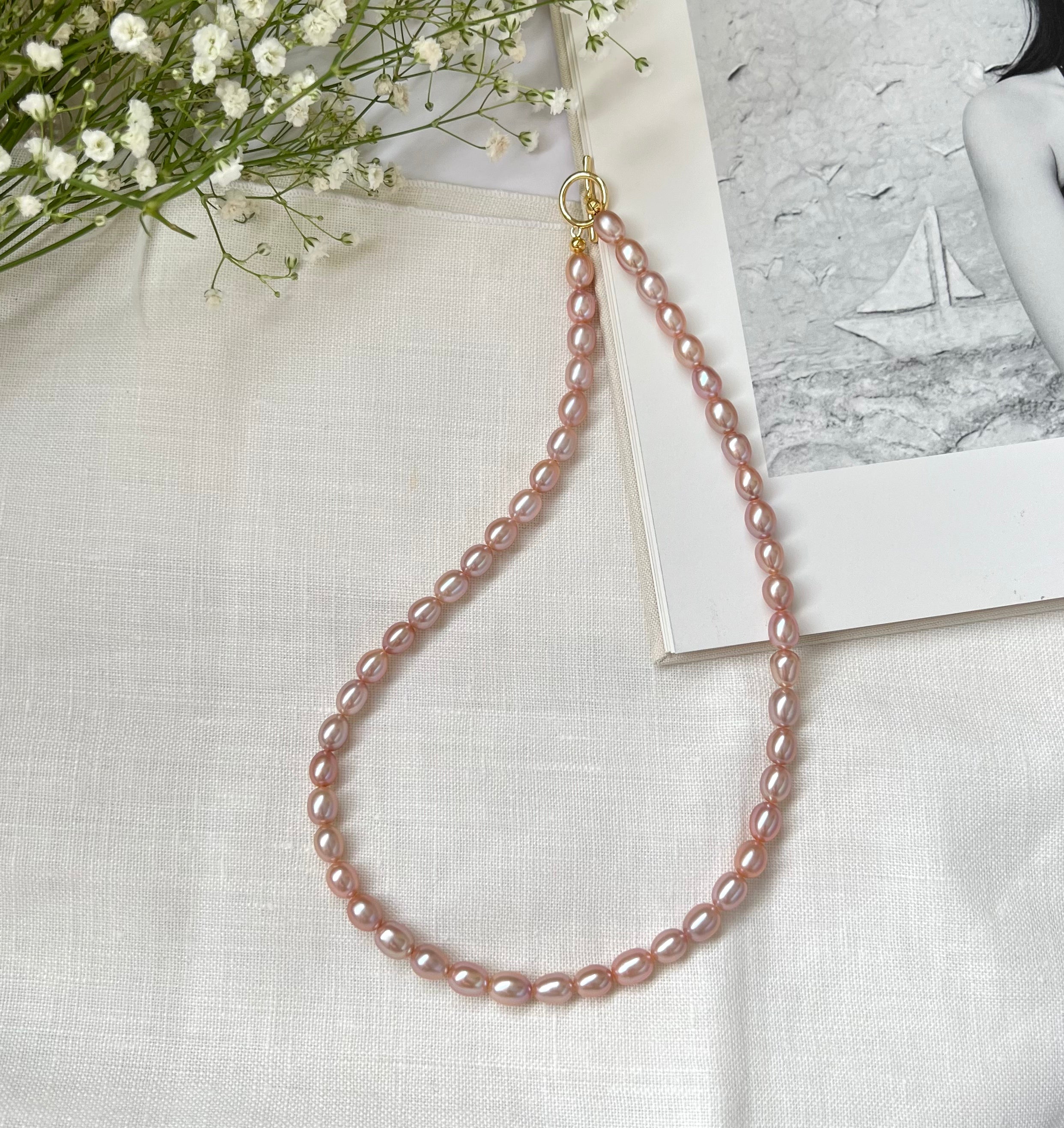 Blush & Lavender Rice Pearl Necklace